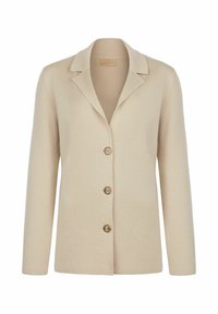 Beige stickad blazern med slagkrage, prydd med fyra bruna knappar och lång ärm, tillverkad av mjukt, texturerat tyg.
