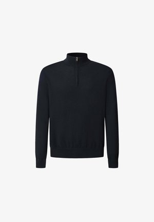 Maglione blu navy con colletto alto, chiusura a zip quarti, maniche lunghe e orlo a coste, realizzato in un morbido tessuto a maglia.
