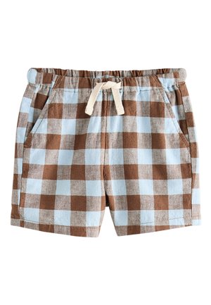 Brune og lyseblå ternede shorts med elastik i taljen og hvid snøre, med sidelommer.