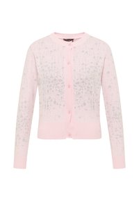 Cardigan roz cu un guler și mansete cu textură ribbed, închidere prin butoane în față și un model texturat cu stele argintii răspândite.