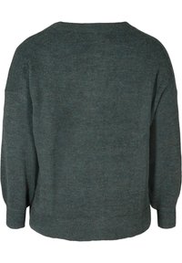 Dunkelgrüner Strickpullover mit rundem Ausschnitt, überschnittenen Schultern und langen, gerippten Bündchen. Weiche Textur und leicht lockere Passform.