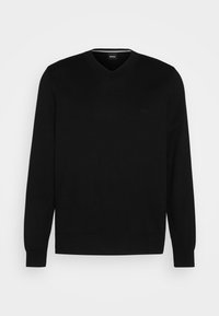Pull noir à col en V manches longues avec poignets et ourlet côtelés, avec un petit logo BOSS sur la poitrine gauche.