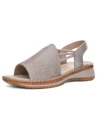 Beige sandaal met open teen, textuur bovenwerk, elastische zijbanden, gevoerde binnenzool en bruine gestikte zool met lage sleehak.