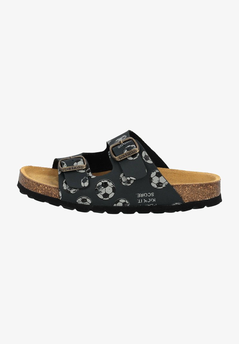 Black sandals with soccer ball pattern, adjustable straps, cork footbed, textured sole, and metallic buckles.