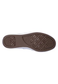 Braune Gummisohle mit strukturiertem Muster. Weißer Rand und Sichtbarkeit der Markenbezeichnung. Enthält geometrische Formen und Profil für Grip.