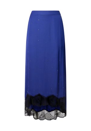 Blauwe satijnen rok met verspreide gouden versieringen, een gegolfde zwarte kanten zoom en een soepele, vloeiende inrichting.