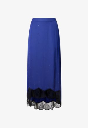 Blue satin skirt featuring scattered gold embellishments, a scalloped black lace hem, and a smooth, flowing design.