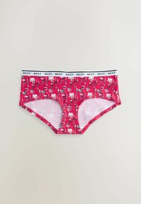 Red cotton brief with a white elastic waistband, featuring colorful cartoon patterns of faces and objects on a light background.