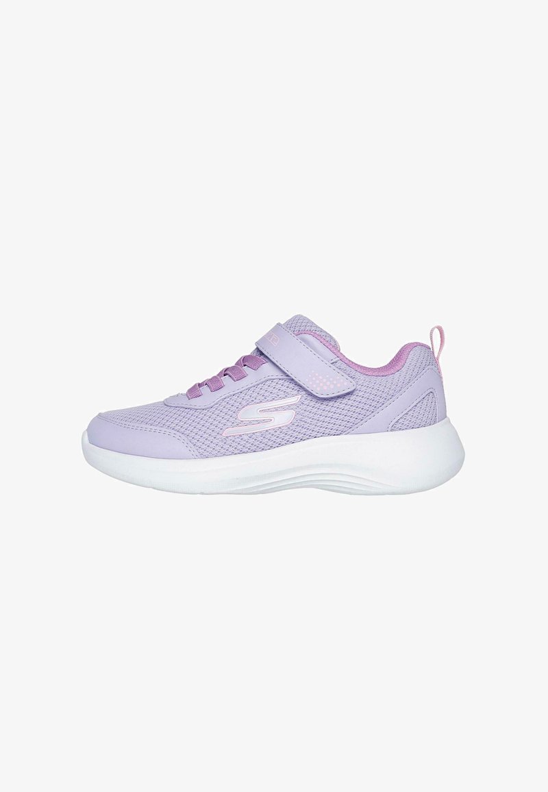Light purple athletic shoe with a mesh upper, white midsole, contrasting pink accents, and a Velcro strap across the instep.