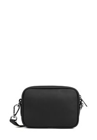 Borsa a tracolla in pelle nera con forma rettangolare, texture liscia, chiusura con zip e dettagli in metallo.