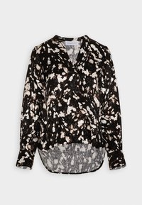 Blusa nera a maniche lunghe con stampa floreale in bianco e beige, caratterizzata da una scollatura a V e un orlo posteriore leggermente più lungo. Tessuto strutturato.