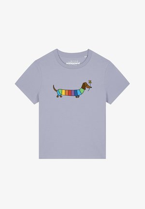 Light purple t-shirt with a cartoon dachshund wearing a rainbow-striped sweater holding a yellow flower in its mouth.
