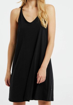 Czarna sukienka bez rękawów wykonana z miękkiej bawełny, z dekoltem w serek, luźnym krojem i subtelnym detalem z boku.