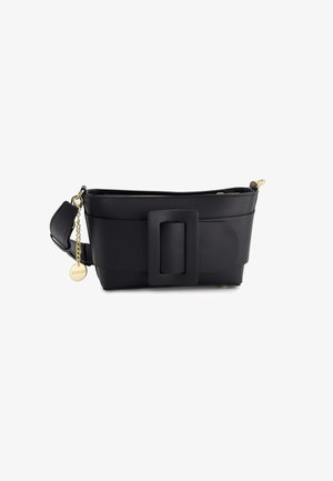 Black leather crossbody bag with a prominent rectangular buckle, gold hardware accents, and textured body. Features a zip closure and detachable strap.