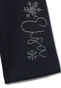Schwarze Leggings mit glitzernder Textur und Strass-Akzenten. Das Design beinhaltet das Wort "Elsa" sowie Schneeflocken-Motive.