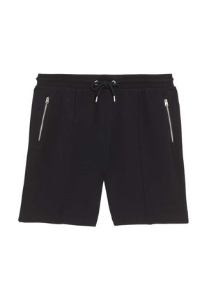 Czarne krótkie spodenki dresowe wykonane z miękkiej tkaniny, z regulowanym sznurkiem w pasie, dwoma kieszeniami na zamek oraz luźnym krojem.