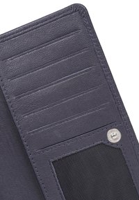 Interno di un portafoglio in pelle blu navy con più slot per carte, un porta ID trasparente e una chiusura con bottone a pressione. Superficie testurizzata per una presa migliore.