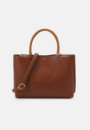 Brown woven leather handbag with a rectangular shape, top handles, and a detachable shoulder strap. Features gold-tone hardware accents.