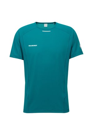 T-shirt de sport à manches courtes couleur sarcelle avec un col rond, logo "Mammut" sur la poitrine et une petite bande réfléchissante blanche au-dessus du logo.
