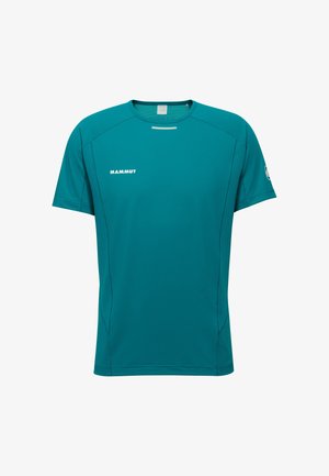 Maglietta atletica a maniche corte color turchese con colletto rotondo, logo "Mammut" sul petto e una piccola striscia riflettente bianca sopra il logo.