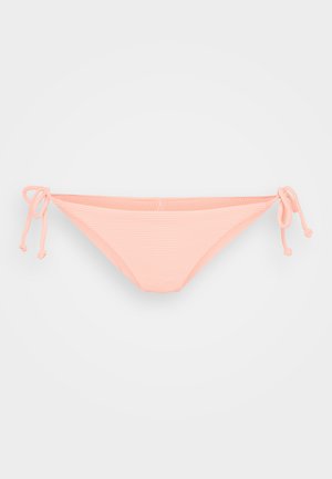 Svetle růžové bikiny s jemně vroubkovanou texturou, zavazováním po stranách a měkkým povrchem. Obsahuje nastavitelné šňůrky pro možnost individuálního úpravy velikosti.
