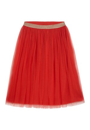 Roter Tüllrock mit gerafftem Design und einem goldfarbenen elastischen Bund. Der Rock ist leicht und hat eine durchscheinende, mehrlagige Struktur.