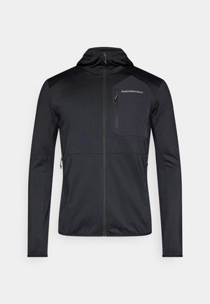 Schwarze leichte Jacke mit Kapuze, ausgestattet mit einer Reißverschlusstasche auf der Brust und zwei Seitentaschen, glatter Textur und dehnbarem Stoff.