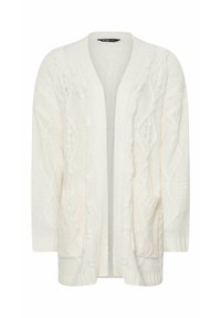 Cremefarbener gestrickter Cardigan mit offenem Vorderteil, strukturierten Kabelmustern, langen Ärmeln und zwei Fronttaschen.