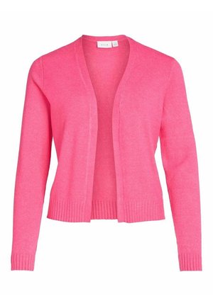 Cardigan tricoté rose à ouverture avant, manches longues, poignets et ourlet côtelés, fabriqué par la marque Vila.
