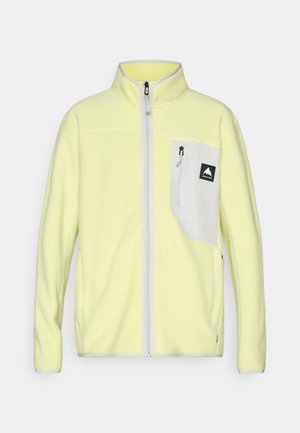 Světle žlutá fleece bunda s šedou kapsou na zip na hrudi, plným předním zipem, vysokým límcem a elastickými manžetami.