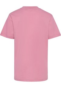 Schlichtes pinkfarbenes T-Shirt mit kurzen Ärmeln, von hinten gezeigt, mit rundem Ausschnitt und geradem Saum.