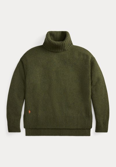Olive green turtleneck sweater with ribbed texture at collar and hem, featuring a small red logo at the bottom left. Soft and chunky knit design.