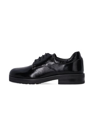 Black leather dress shoes with a shiny finish, lace-up design, rounded toe, and a black rubber sole. Smooth texture with subtle stitching details.