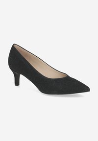 Escarpin noir à bout pointu en matériau texturé avec un petit talon et un intérieur lisse. Présente une silhouette classique adaptée aux tenues formelles.