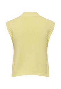 Gilet jaune tricoté sans manches avec col, emmanchures et ourlet côtelés, présenté de dos sur fond blanc.