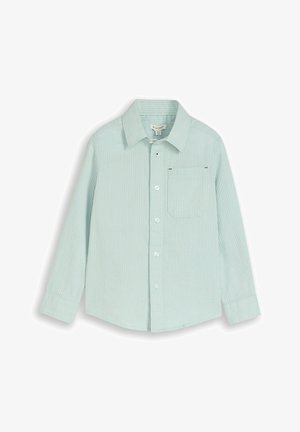 Hellgrünes, langärmeliges Hemd mit dezenten vertikalen Streifen und einer einzelnen Brusttasche, für Kinder entworfen.