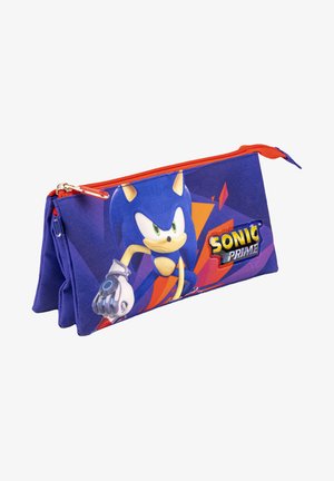 Blue fabric pencil case with red zipper, featuring Sonic the Hedgehog graphic and "Sonic Prime" logo on a vibrant multicolored background.