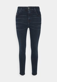 Mörka denim skinny jeans med hög midja, med en klassisk femficksdesign, ljusblekning och robust metallknäppning.