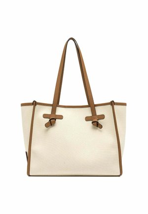 Borsa tote beige con rifiniture in pelle marrone e manici lunghi in pelle marrone, forma rettangolare, design semplice.