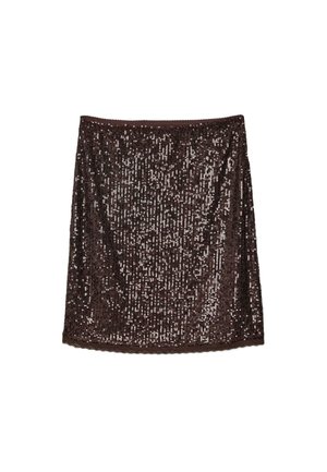 Mini-jupe marron à sequins avec une silhouette droite et un ourlet festonné sur fond blanc.