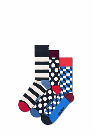 Drei Paar Baumwollsocken: eines mit navyblauen und weißen Streifen, eines mit schwarzen Punkten und eines mit blauen geometrischen Mustern.