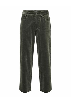 Pantalon en velours côtelé vert foncé à jambes droites, avec passants de ceinture, bouton à l’avant, fermeture éclair et poches avant.