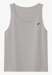 Light grey tank top features a scoop neckline and sleeveless design. Includes a small black bird logo on the left chest area. Soft fabric.