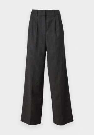 High-waisted, wide-leg trousers in dark gray with thin vertical stripes. Features a tailored look and soft texture. Pleated front detail.