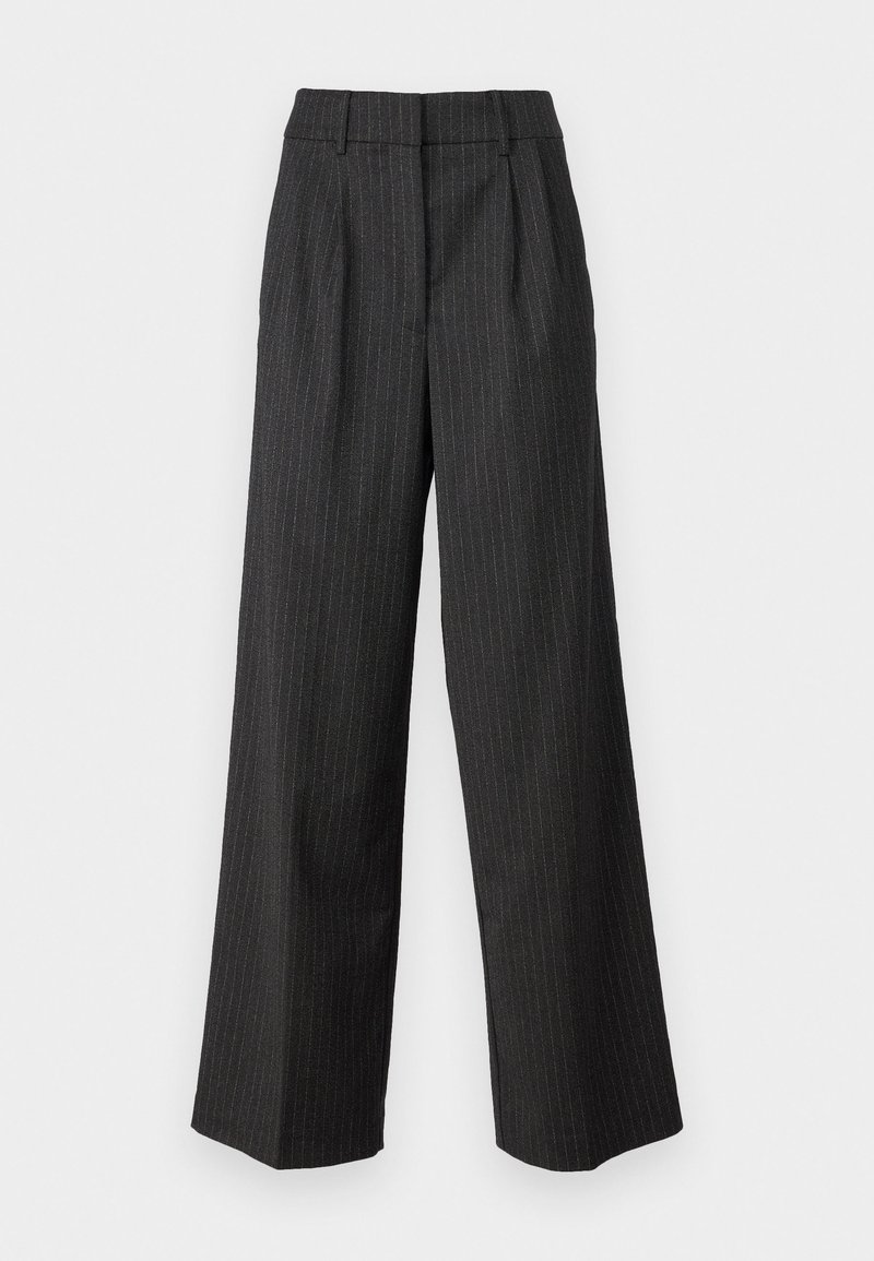 Hochgeschnittene, weite Hose in Dunkelgrau mit dünnen vertikalen Streifen. Hat einen maßgeschneiderten Look und eine weiche Textur. Gefaltetes Frontdetail.