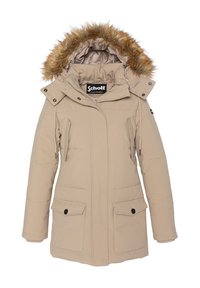 Beżowa pikowana parka z odpinanym kapturem podszytym futerkiem, dwoma przednimi kieszeniami oraz zamykanymi na suwak kieszeniami wentylacyjnymi na piersi.