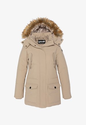 Beige gewatteerde parka met een afneembare capuchon met bontvoering, twee voorzakken en met rits afsluitbare ventilatiezakken op de borst.