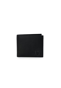 Portafoglio in pelle nera con superficie testurizzata. Presenta un logo impresso "AIX" sul fronte. Design bi-fold, forma compatta e stile minimalista.