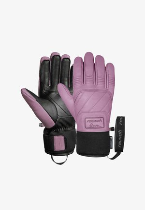 Sorte og lilac skihandsker med en quiltet design, forstærkede håndflader, justerbare håndledsremme og et logo-patch på manchetten.