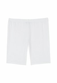 Pantaloni corti bianchi, fino al ginocchio, realizzati in morbido cotone con un elastico in vita, caratterizzati da un design semplice e dettagli di cucitura minimalisti.
